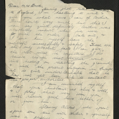 Letter to Mrs Brett from a member of his crew